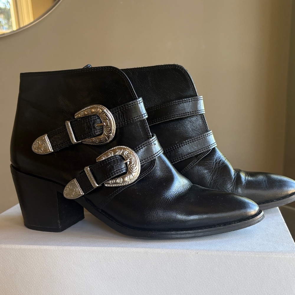 Women's Black Leather Ankle Boots with Silver Buckles